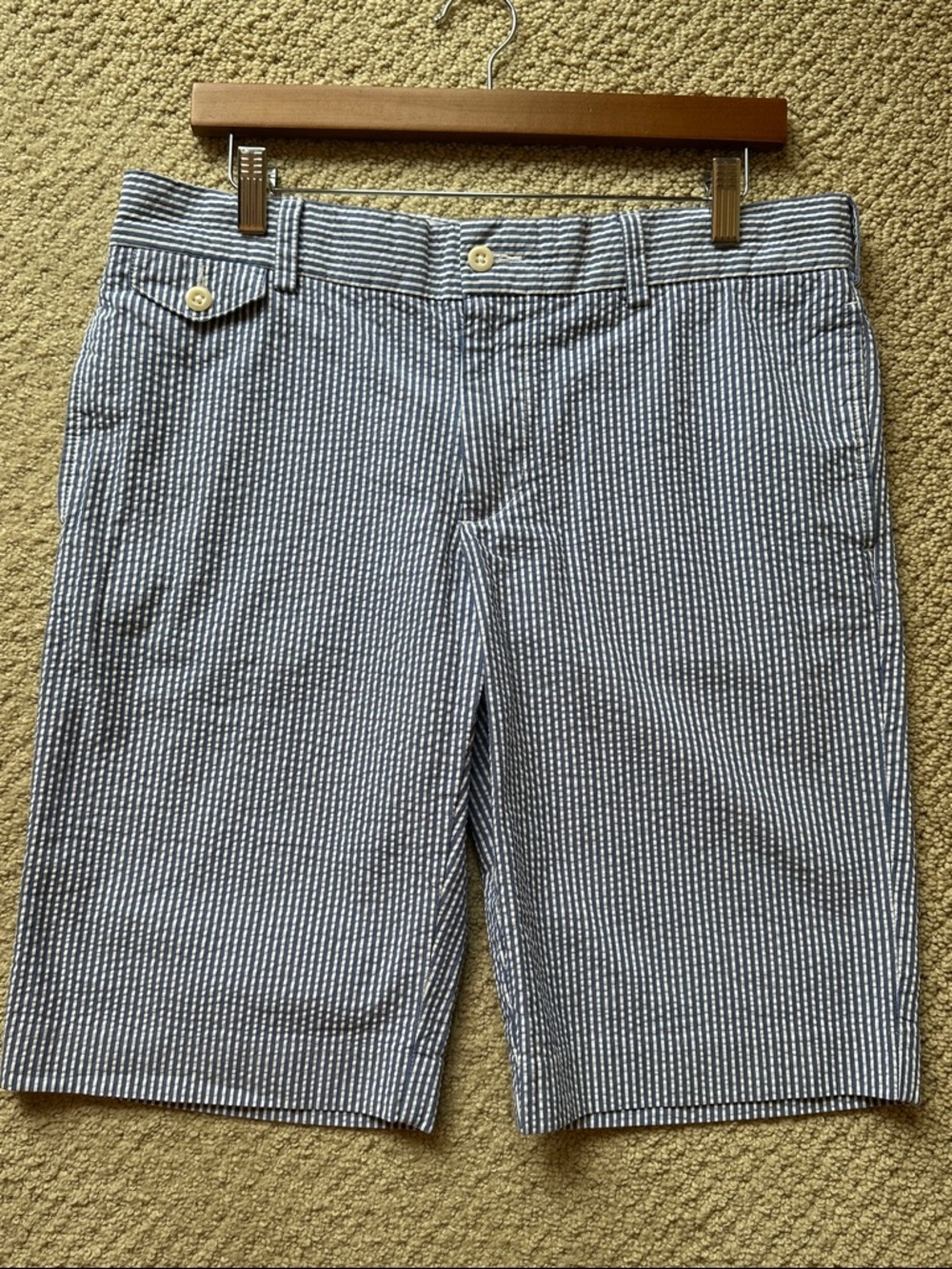 Ralph Lauren Navy and White Seersucker Flat-Front Shorts Size 10